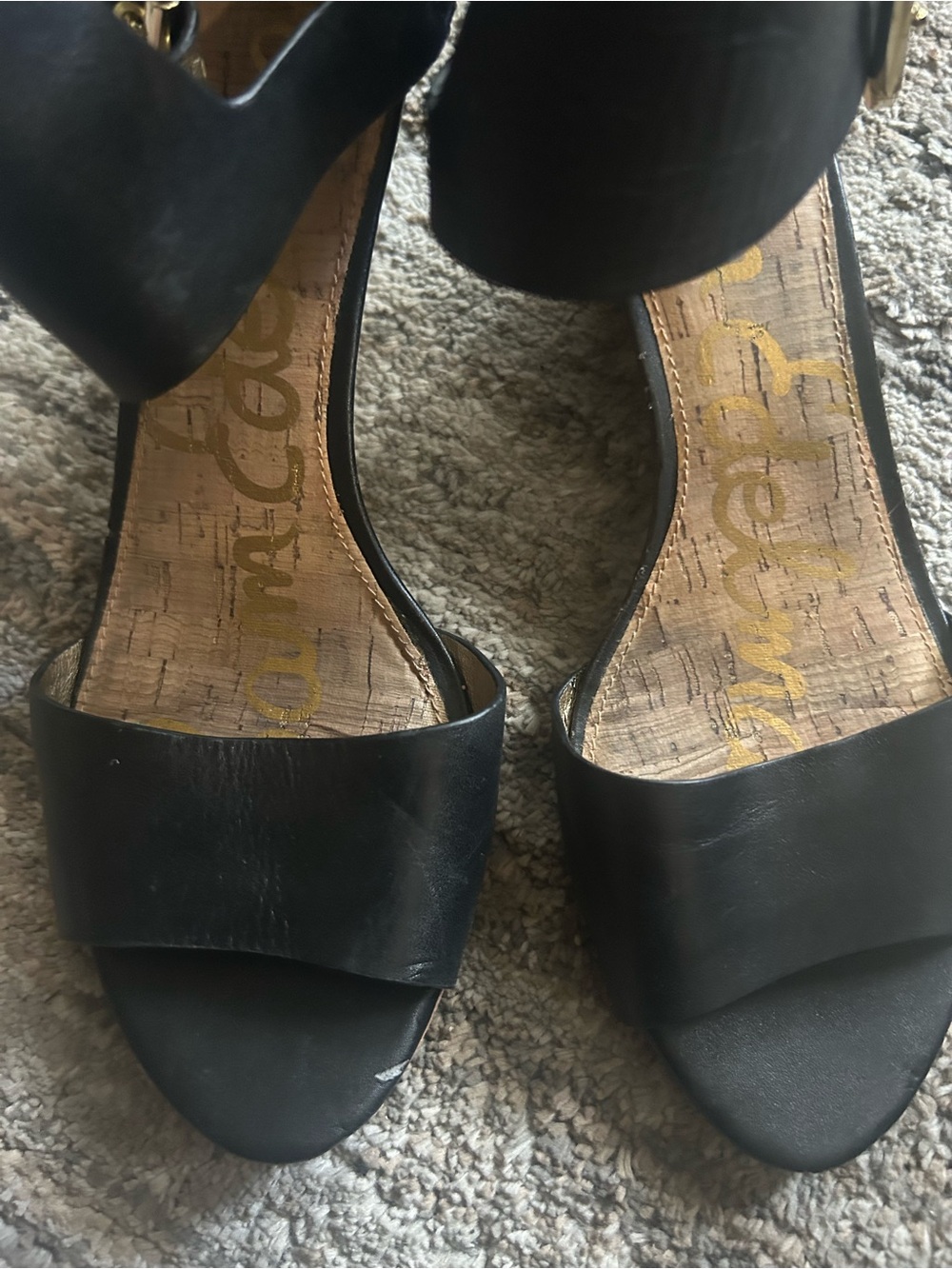 Sam Edelman Black Open-Toe Ankle-Strap Heels with Gold Buckles - Picture 3 of 6
